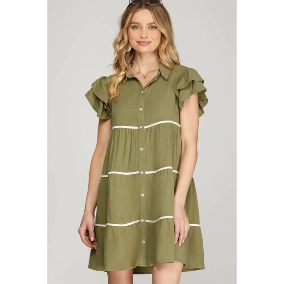 NWT She & Sky Womens Linen Blend Ruffle Sleeve Dress Olive Green Size Medium - Picture 1 of 10